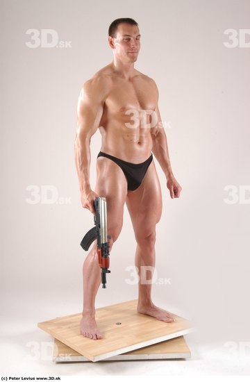 Whole Body Man Pose with machine rifle White Underwear Muscular