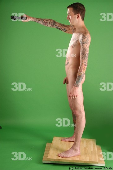 Whole Body Man Pose with pistol White Tattoo Nude Underweight Male Studio Poses