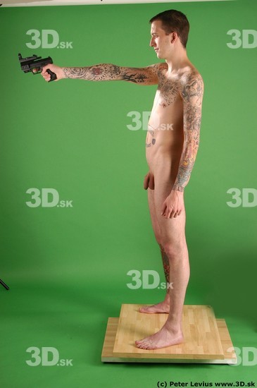 Whole Body Man Pose with pistol White Tattoo Nude Underweight Male Studio Poses