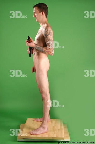 Whole Body Man Pose with pistol White Tattoo Nude Underweight Male Studio Poses