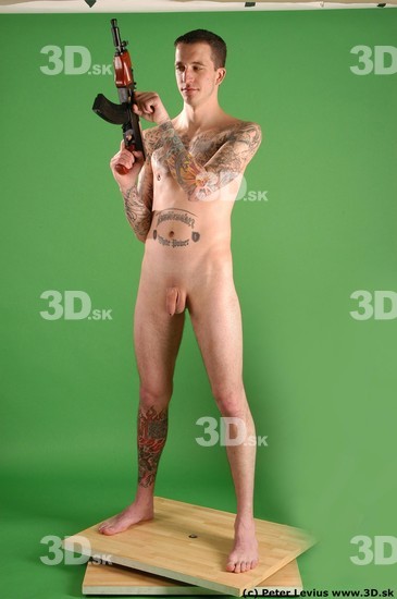 Whole Body Man Pose with pistol White Tattoo Nude Underweight Male Studio Poses