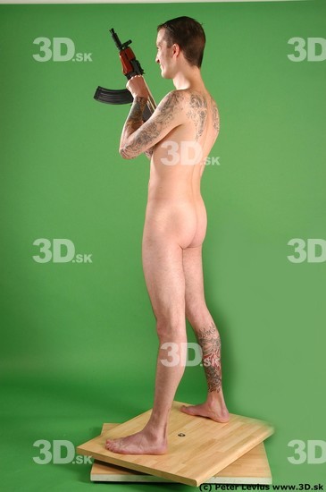 Whole Body Man Pose with pistol White Tattoo Nude Underweight Male Studio Poses