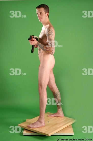 Whole Body Man Pose with pistol White Tattoo Nude Underweight Male Studio Poses