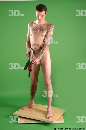 Whole Body Man Pose with pistol White Tattoo Nude Underweight Male Studio Poses