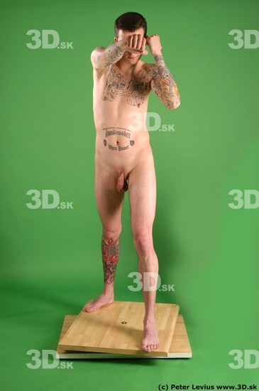 Whole Body Man Pose with pistol White Tattoo Nude Underweight Male Studio Poses