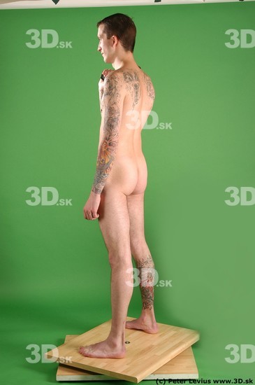 Whole Body Man Pose with pistol White Tattoo Nude Underweight Male Studio Poses