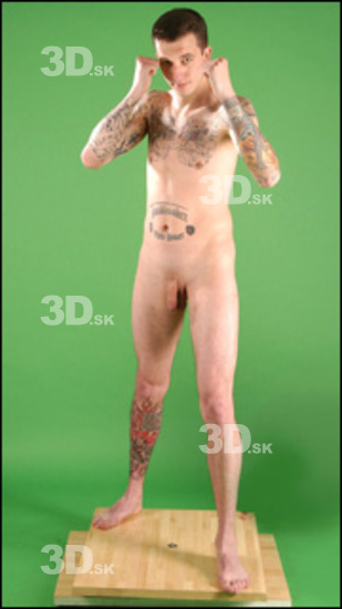 Whole Body Man Pose with pistol White Tattoo Nude Underweight Male Studio Poses