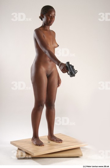 Whole Body Woman Pose with pistol Pose with sword Black Nude Athletic Studio photo references