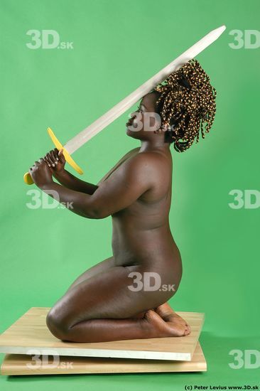 Whole Body Woman Pose with sword Black Nude Slim Chubby Walking Studio photo references