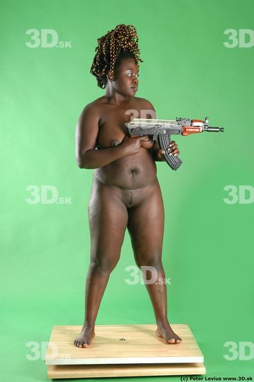 Whole Body Woman Pose with machine rifle Pose with sword Black Nude Slim Chubby Walking Studio photo references