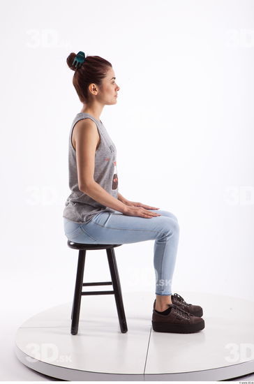 Sitting photo references of Molly blue jeans womna singlet