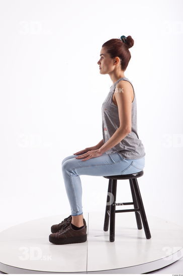 Sitting photo references of Molly blue jeans womna singlet