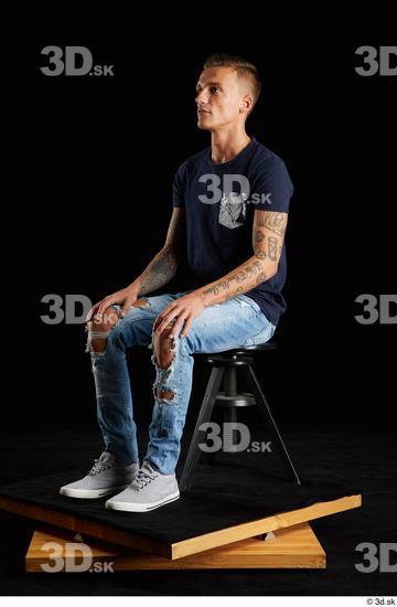 Whole Body Man White Shirt Jeans Athletic Sitting Studio photo references