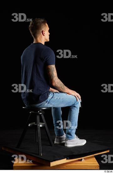 Whole Body Man White Shirt Jeans Athletic Sitting Studio photo references