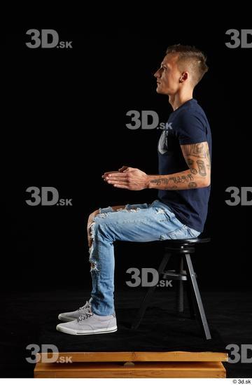 Whole Body Man White Shirt Jeans Athletic Sitting Studio photo references