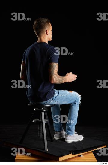 Whole Body Man White Shirt Jeans Athletic Sitting Studio photo references