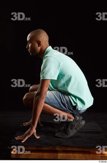 Whole Body Man Black Slim Kneeling Studio photo references