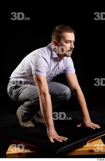 Whole Body Man White Shoes Shirt Trousers Average Kneeling Studio photo references