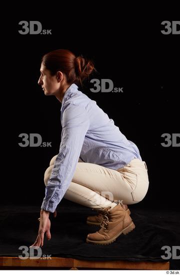 Whole Body Woman White Casual Shirt Jeans Slim Pregnant Kneeling Studio photo references