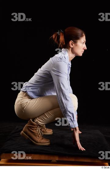 Whole Body Woman White Casual Shirt Jeans Slim Pregnant Kneeling Studio photo references