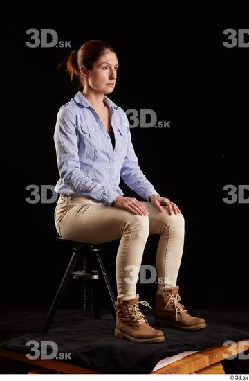 Whole Body Woman White Casual Shirt Jeans Slim Pregnant Kneeling Studio photo references