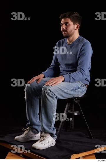 Whole Body Man White Sweatshirt Jeans Slim Sitting Studio photo references