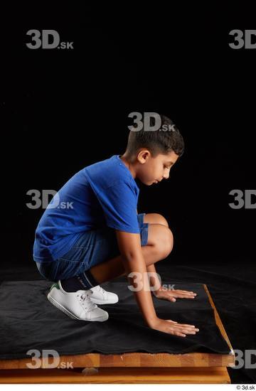 Whole Body Man Shirt Jeans Shorts Slim Kneeling Studio photo references