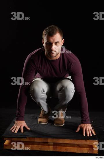 Whole Body Man White Shoes Sweatshirt Trousers Slim Kneeling Studio photo references