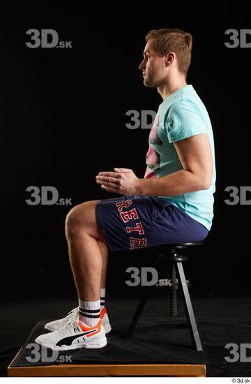 Whole Body Man White Sports Shoes Shirt T shirt Shorts Average Sitting Studio photo references