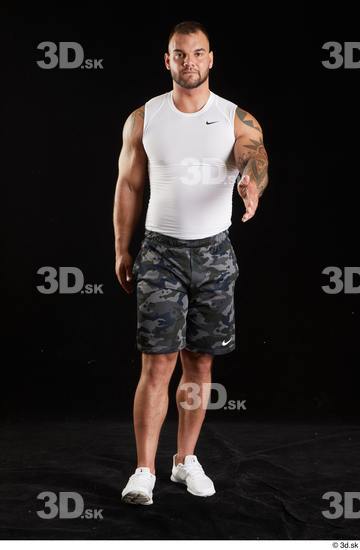 Whole Body Man White Sports Shorts Muscular Walking Top Studio photo references