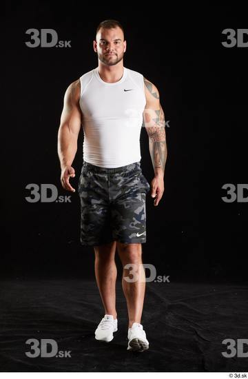 Whole Body Man White Sports Shorts Muscular Walking Top Studio photo references