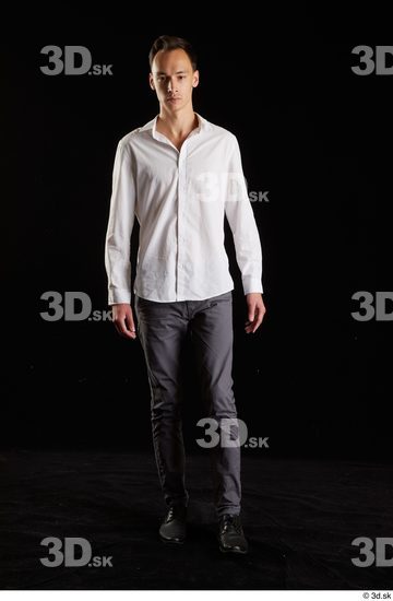 Whole Body Man White Shoes Shirt Trousers Slim Walking Studio photo references