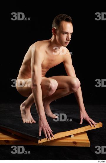 Whole Body Man White Nude Slim Kneeling Studio photo references