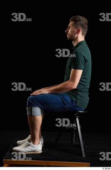 Whole Body Man White Casual Shirt Jeans Slim Kneeling Studio photo references