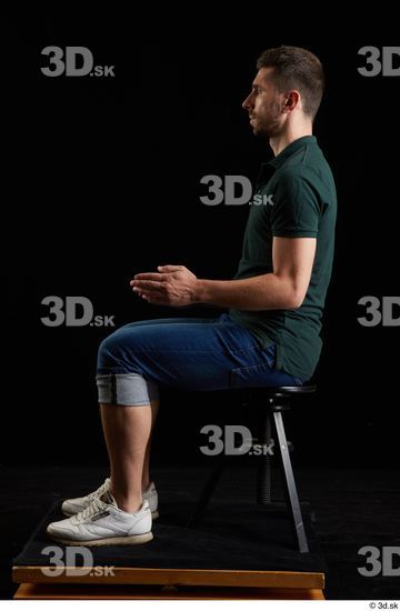 Whole Body Man White Casual Shirt Jeans Slim Sitting Studio photo references