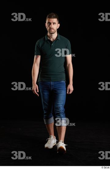 Whole Body Man White Casual Shirt Jeans Slim Walking Studio photo references