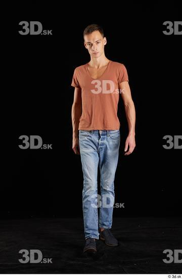 Alessandro Katz  black shoes blue jeans brown t shirt casual dressed front view walking whole body  jpg