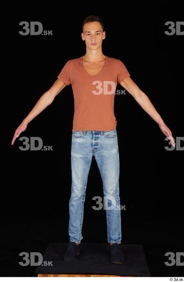 Whole Body Man Casual Shoes Shirt Jeans Slim Standing Studio photo references