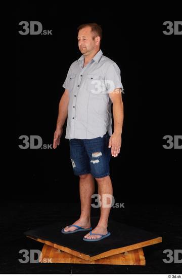 Whole Body Man White Casual Shirt Jeans Shorts Chubby Standing Studio photo references