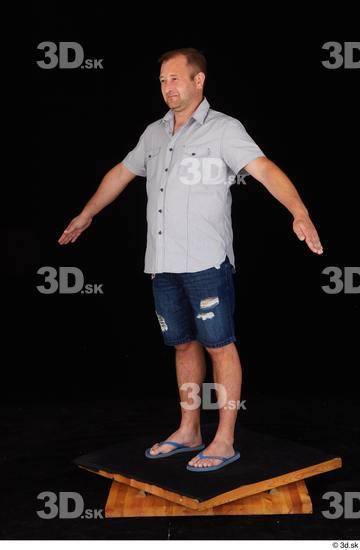 Whole Body Man White Casual Shirt Jeans Shorts Chubby Standing Studio photo references