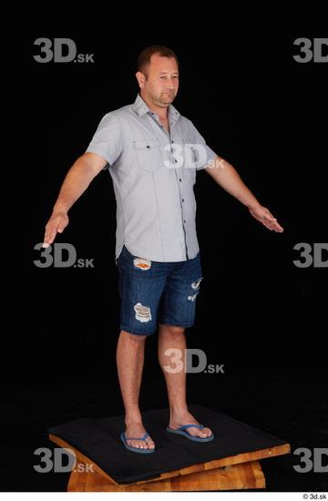 Whole Body Man White Casual Shirt Jeans Shorts Chubby Standing Studio photo references