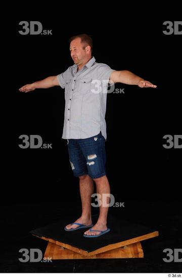 Whole Body Man White Casual Shirt Jeans Shorts Chubby Standing Studio photo references