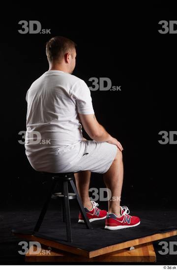 Whole Body Man White Sports Shirt Shorts Chubby Sitting Studio photo references