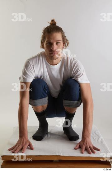 Whole Body Man White Casual Shirt Jeans Slim Kneeling Studio photo references