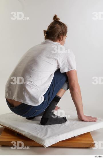 Whole Body Man White Casual Shirt Jeans Slim Kneeling Studio photo references