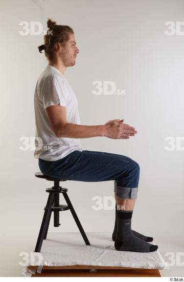 Whole Body Man White Casual Shirt Jeans Slim Sitting Studio photo references