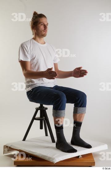 Whole Body Man White Casual Shirt Jeans Slim Sitting Studio photo references