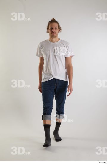 Whole Body Man White Casual Shirt Jeans Slim Walking Studio photo references