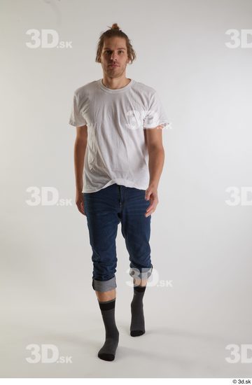 Whole Body Man White Casual Shirt Jeans Slim Walking Studio photo references