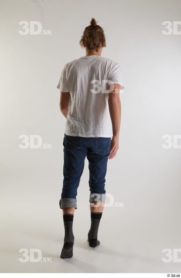 Whole Body Back Man White Casual Shirt Jeans Slim Walking Studio photo references